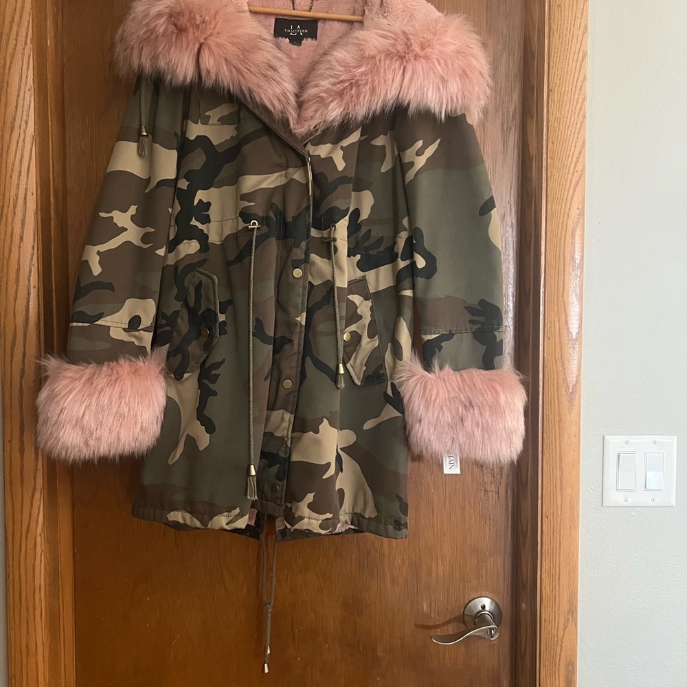 Topshop Camo Utility Jacket with Pink Fur Accents